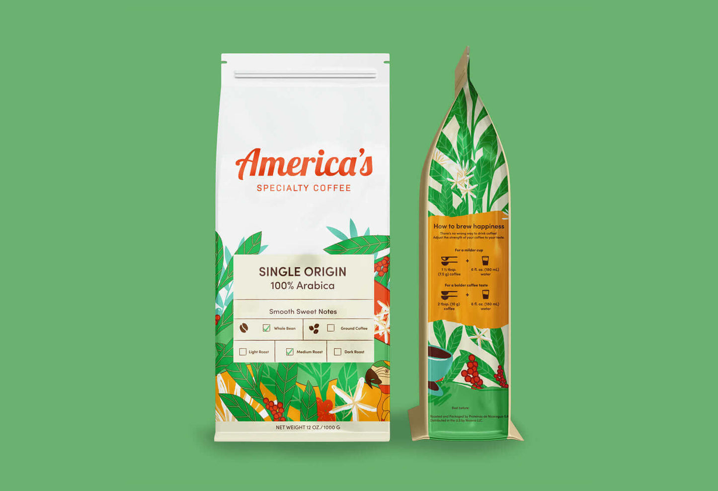 Bag of America's Specialty Coffee Single Origin 100% Arabica with green background