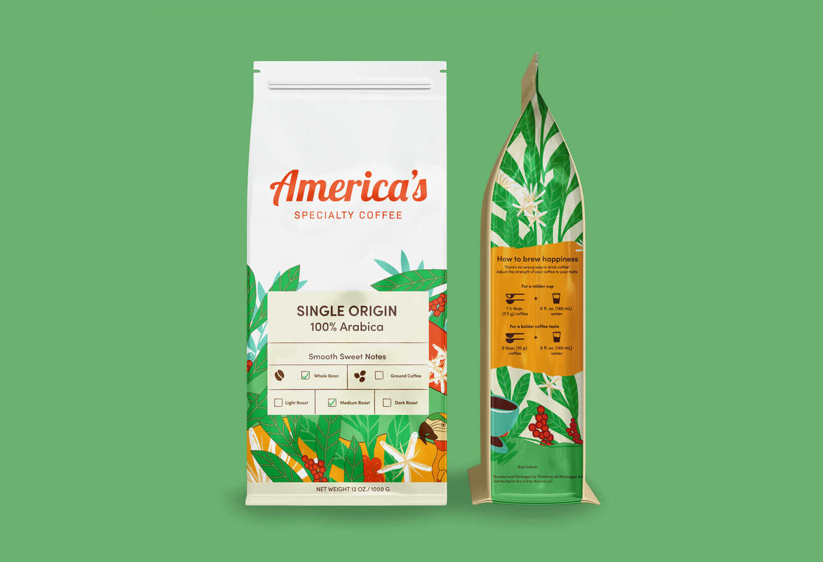 Bag of America's Specialty Coffee Single Origin 100% Arabica with green background